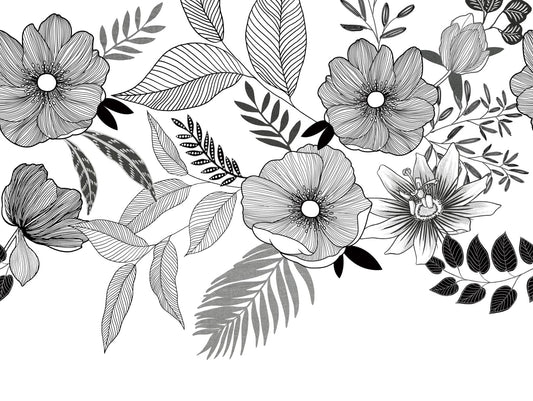 Digitaldruck Floral Gemalt Weiß Schwarz ML6701