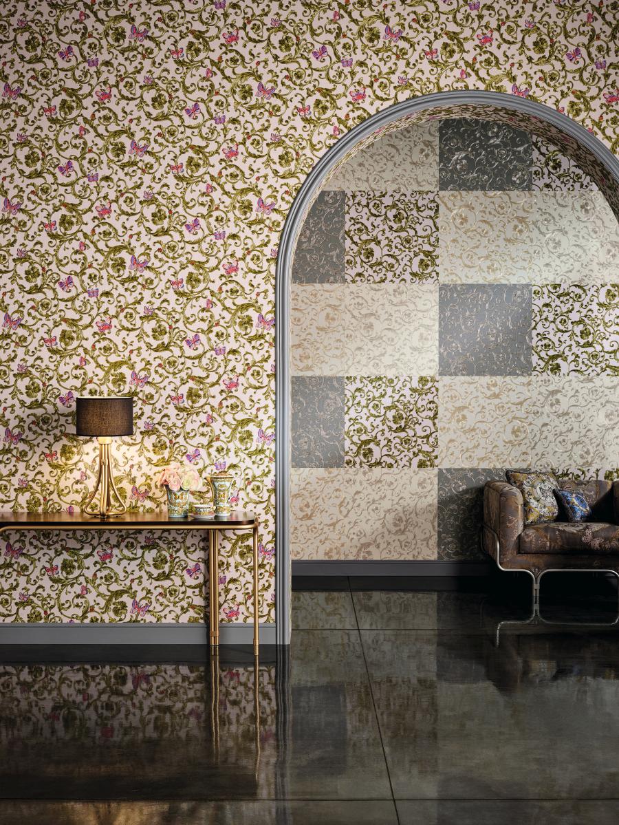 Versace Home Tapete Floral Weiß Creme-beige Glitzer 34326-1