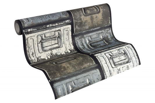 Tapete Vlies Metall-Optik Schubladen Blau Grau 30675-1