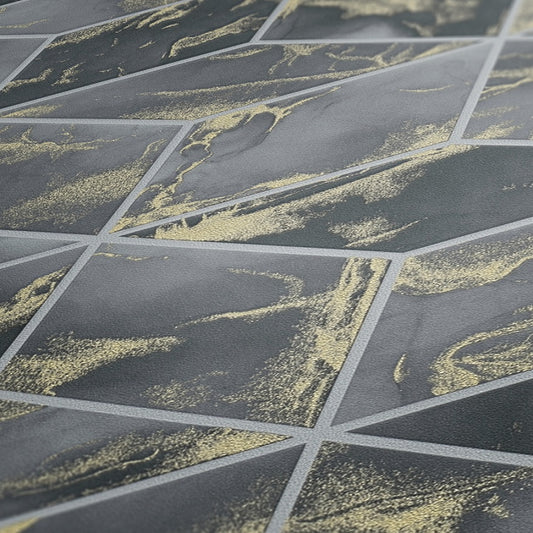 Tapete Vlies 3D Quadrate Grau Gold Metallic 37863-4