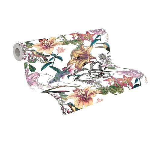Tapete Vlies Blumen Vögel Weiß Bunt Jungle Chic 37701-1