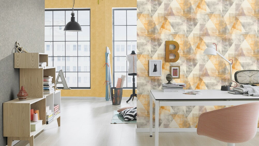 Tapete Vlies Rasch Patchwork Dreiecke Gelb Grau 617948