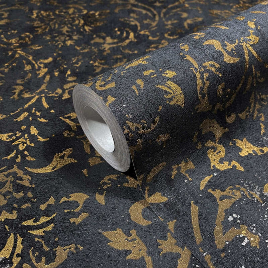 Vliestapete Marburg Schwarz Gold Damast Motiv 34297