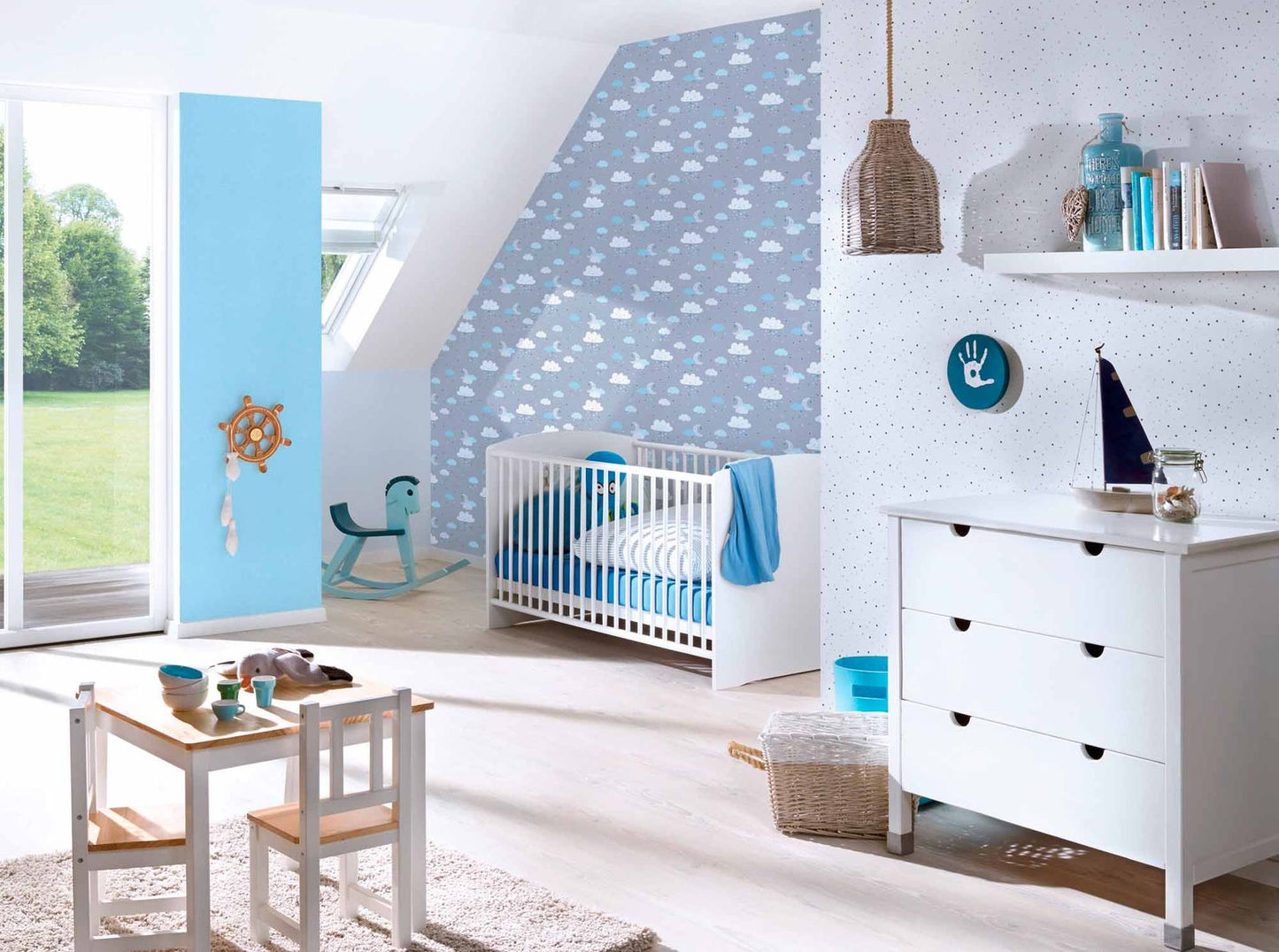 A.S. Creation Vliestapete Kinder Wolken Mond Sterne Grau Blau 38125-2
