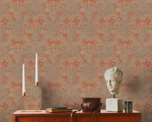 A.S. Creation Vliestapete Orange Grau Metallic Oriental Damast 39119-2