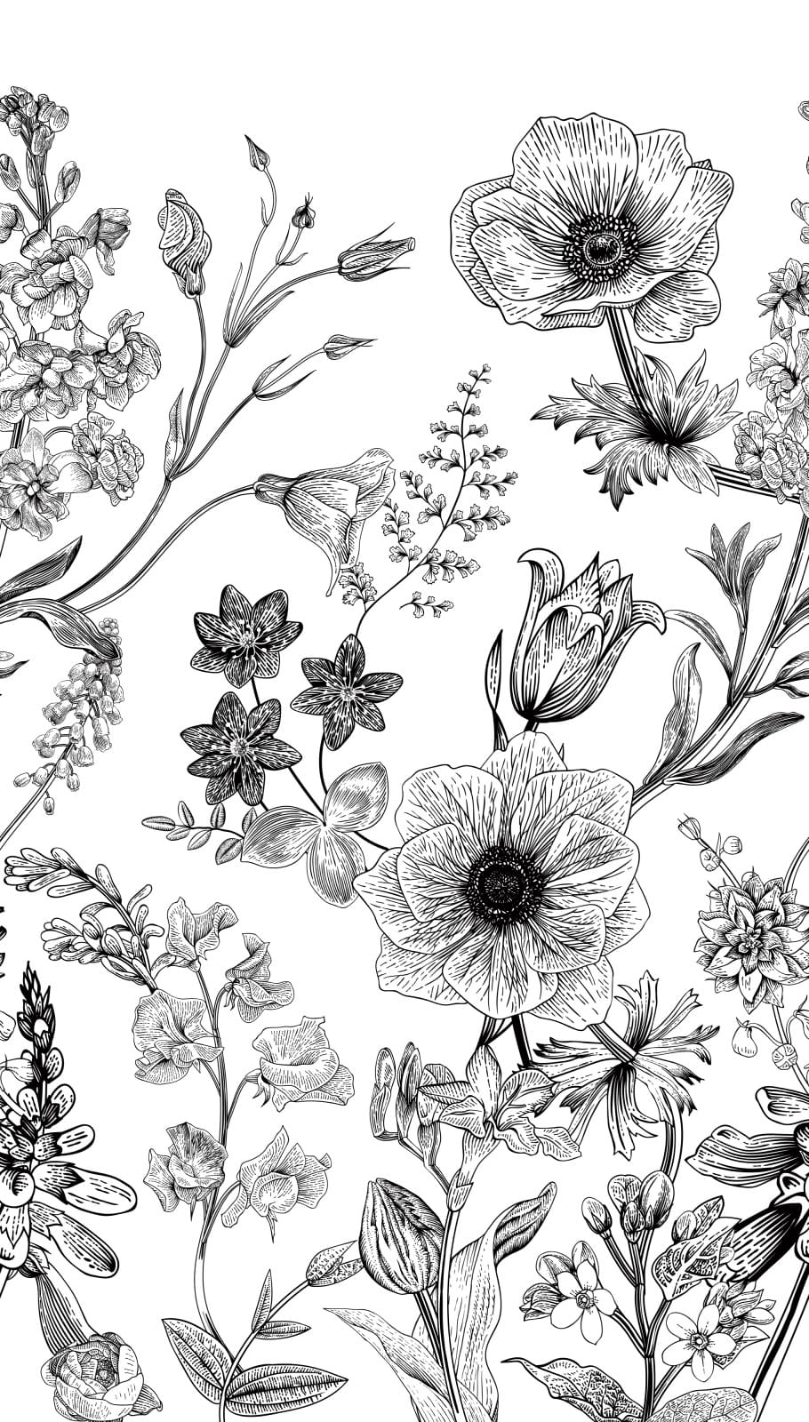  Digitaldruck Blumen Blätter Gemalt Weiß Schwarz ML1601