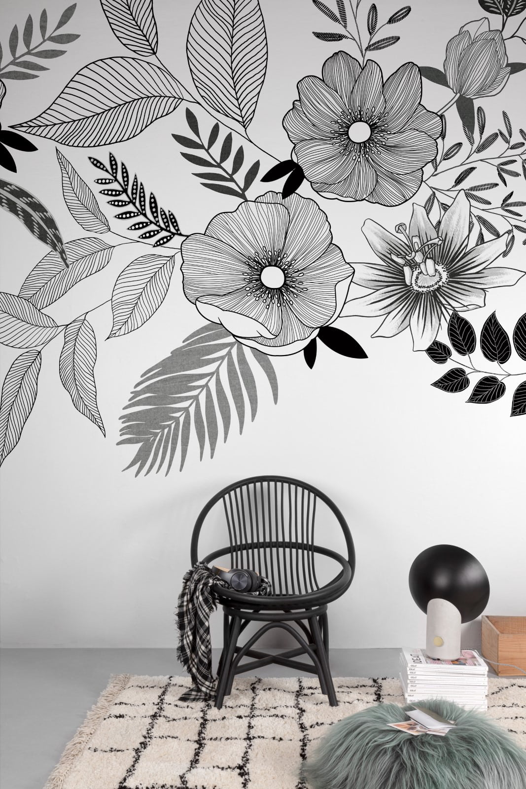  Digitaldruck Floral Gemalt Weiß Schwarz ML6701