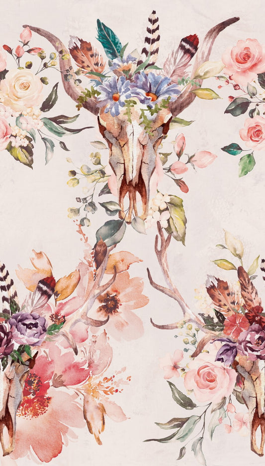  Digitaldruck Floral Tierschädel Rosa Creme Beige ML2101