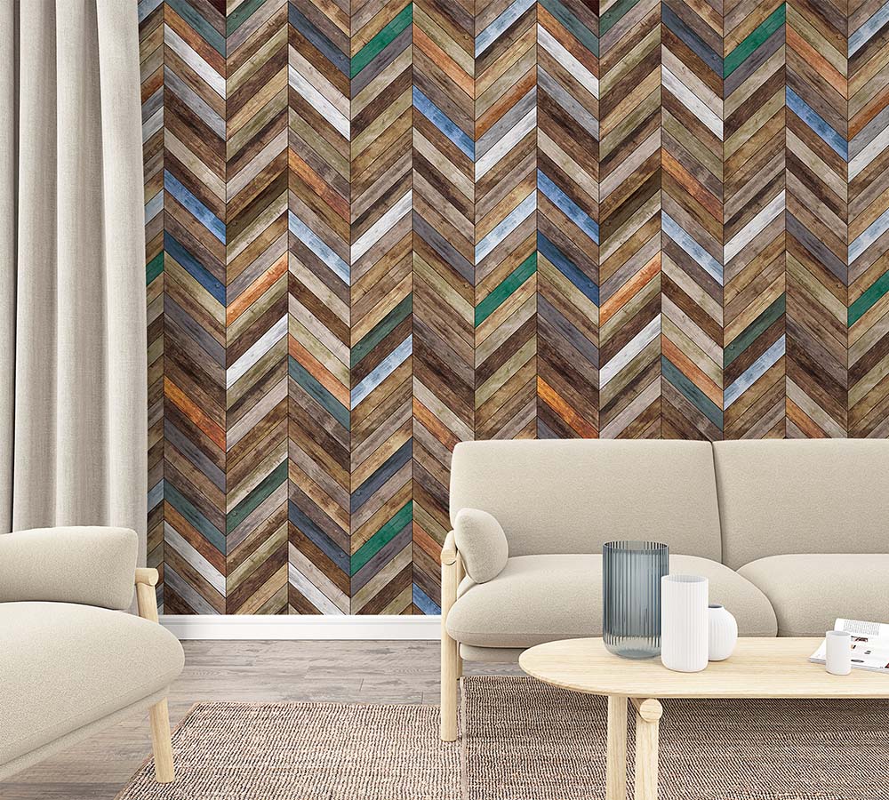  Fototapete Vlies Holz Zick-Zack-Muster Braun Blau 47245