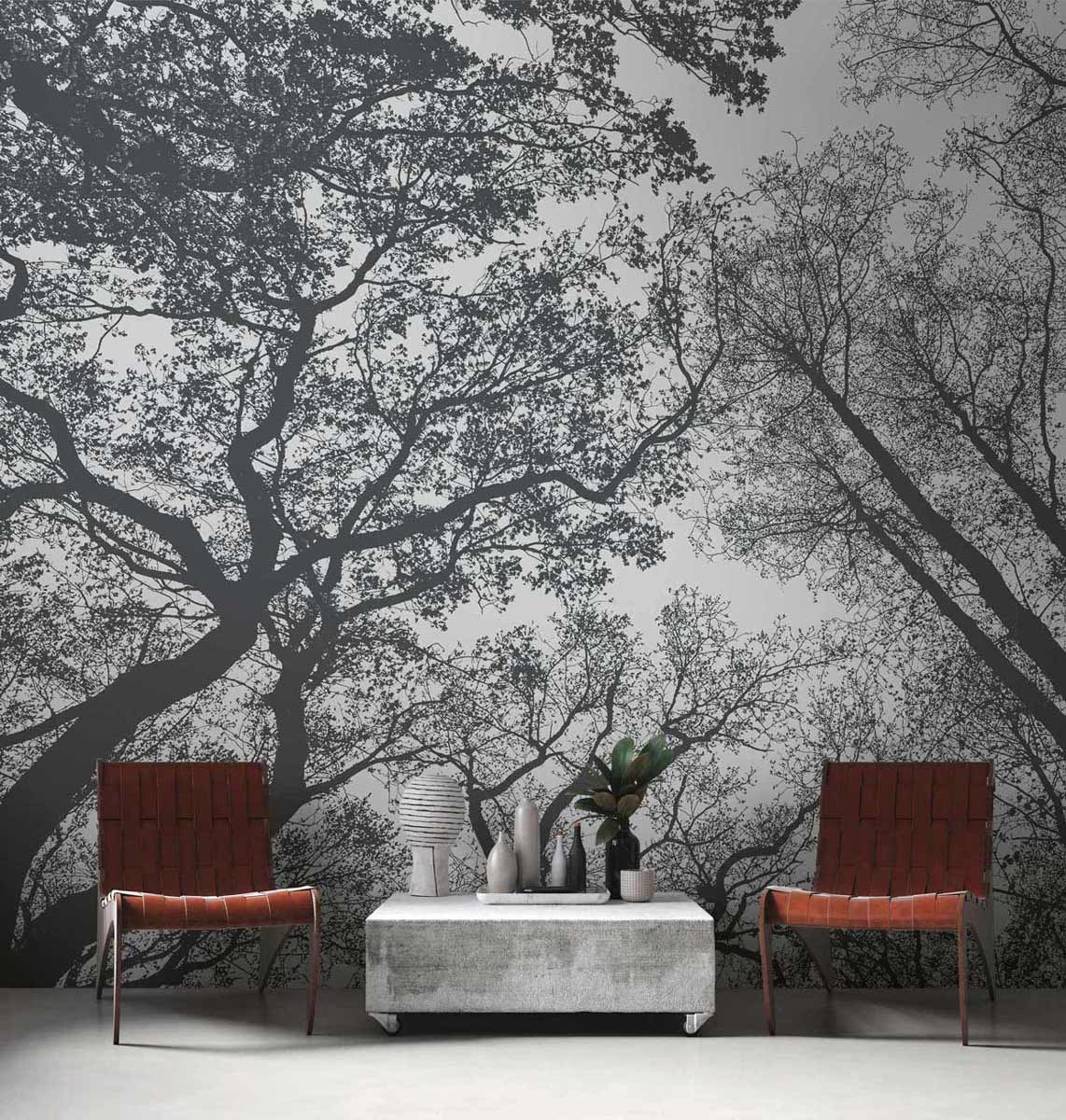 A.S. Creation Fototapeten Bäume Wald Floral Grau Schwarz Vlies 38240-1