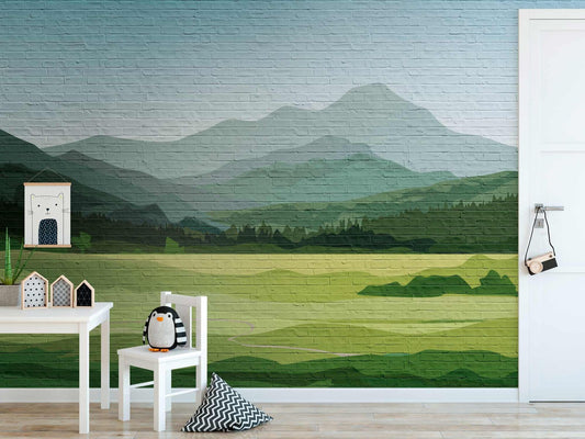 A.S. Creation Fototapeten Steinmauer Landschaft Grün Blau 38298-1