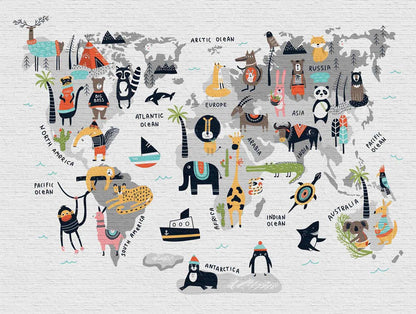 A.S. Creation Fototapeten Tiere Weltkarte Mauer Grau Bunt 38297-1