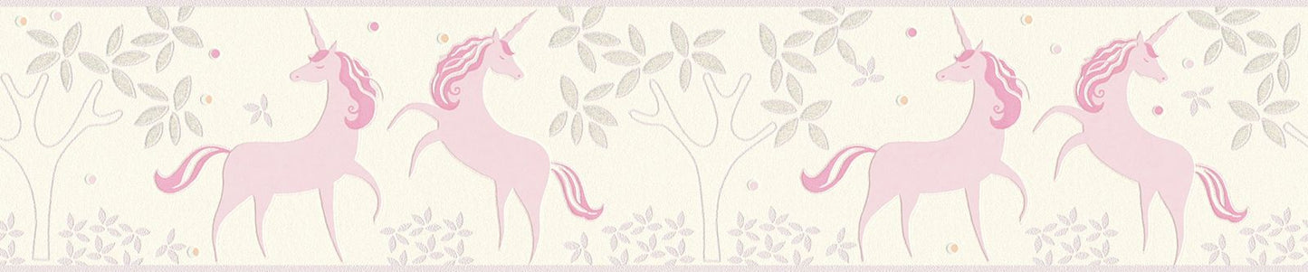 A.S. Creation Kinderborte Einhorn Floral Weiß Rosa Glitzer 36990-1
