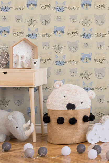 A.S. Creation Kindertapete Kätzchen Comic Beige Blau 36754-1