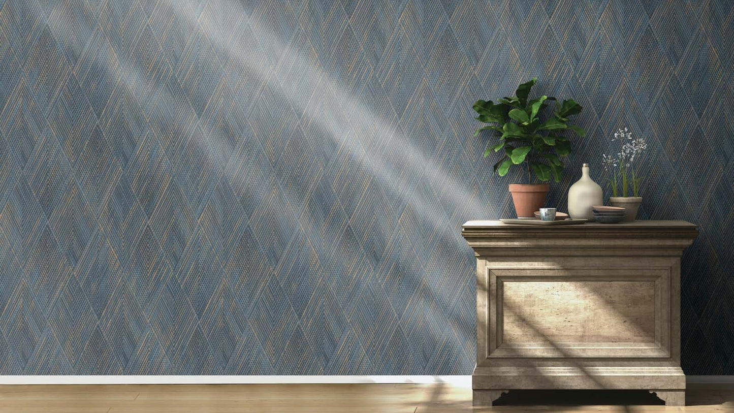  Vliestapete Rasch Blau Gold Rauten Linien 844146