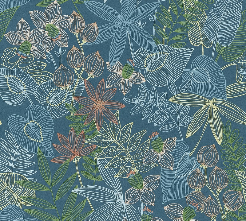  Tapete Selbstklebend Blau Bunt Floral Blätter 368291