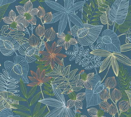  Tapete Selbstklebend Blau Bunt Floral Blätter 368291