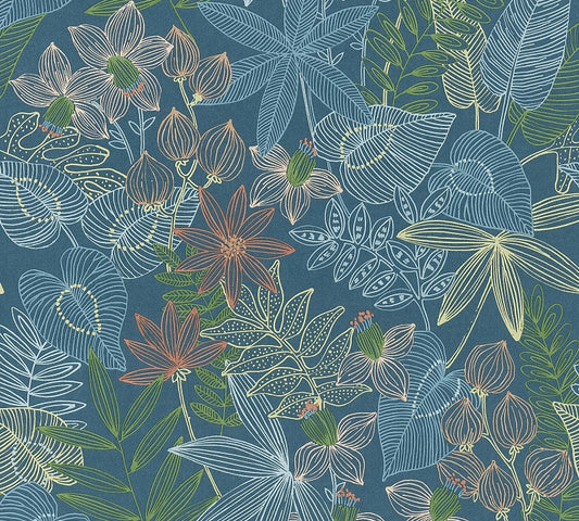  Tapete Selbstklebend Blau Bunt Floral Blätter 368291