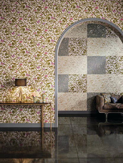  Versace Home Tapete Floral Weiß Creme-beige Glitzer 34326-1