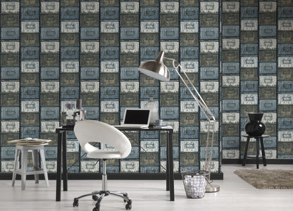  Tapete Vlies Metall-Optik Schubladen Blau Grau 30675-1