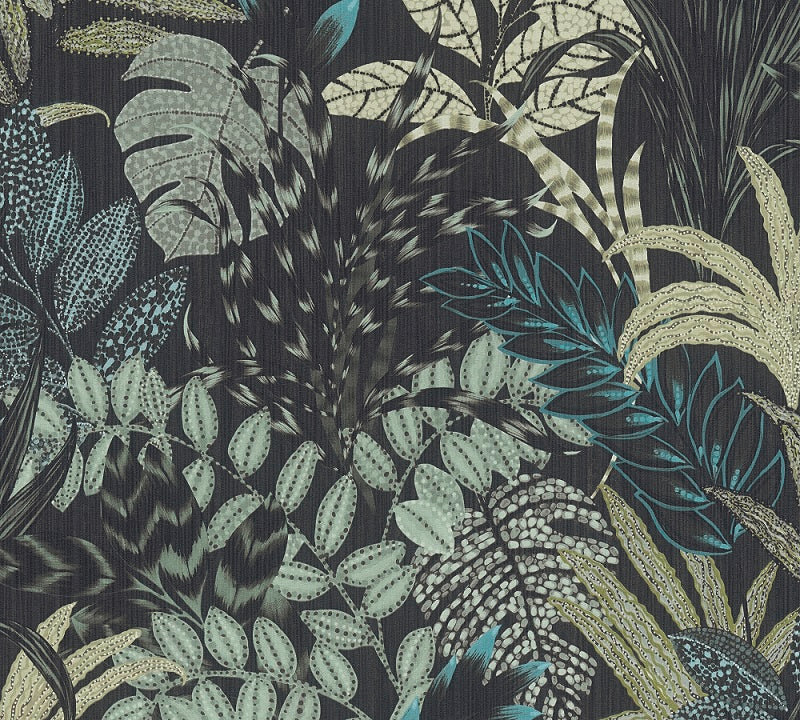  Tapete Vlies Blätter Floral Schwarz Grau Blau 37860-3
