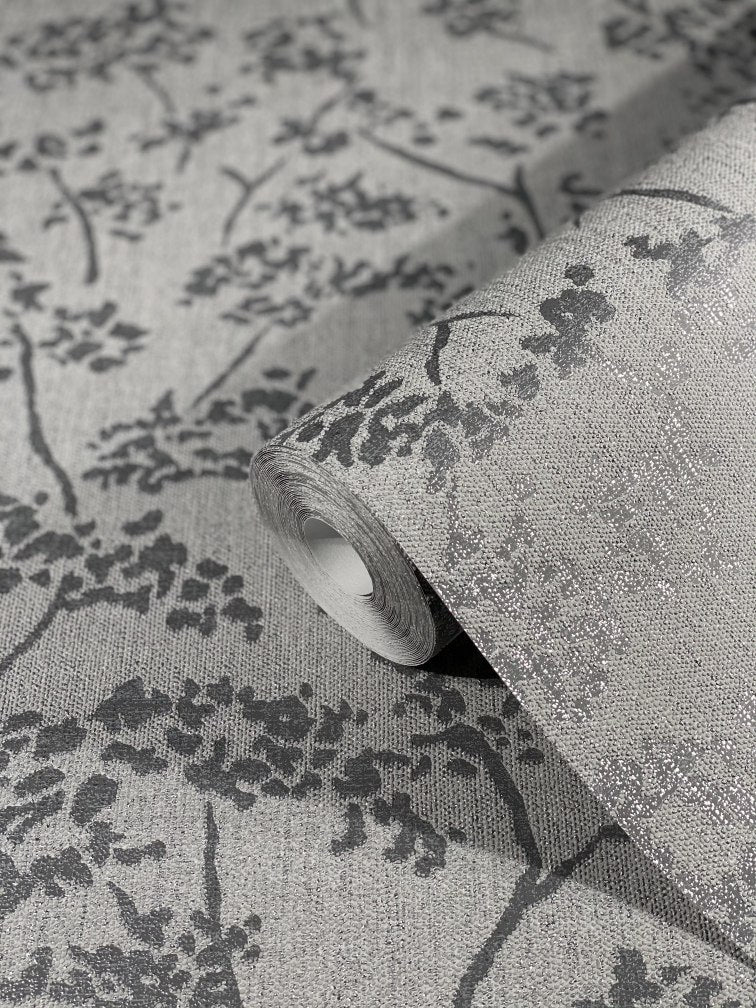  Tapete Vlies Blätter Vintage Silber Grau Glanz 32705