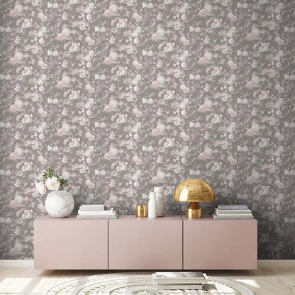  Tapete Vlies Blüten Blumen Floral Grau Rosa 38095-4