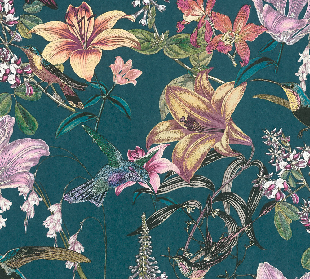  Tapete Vlies Blumen Vögel Blau Bunt Jungle Chic 37701-2