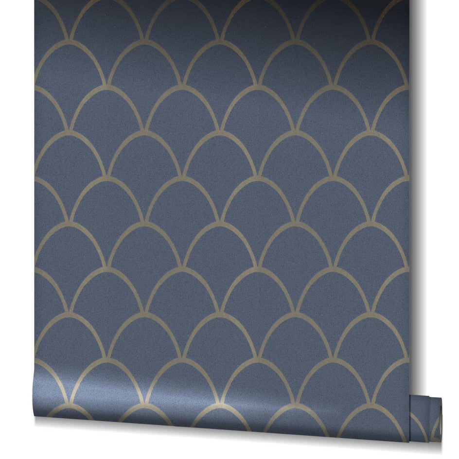  Tapete Vlies Geometrie Bögen Glitzer Blau Gold 32723