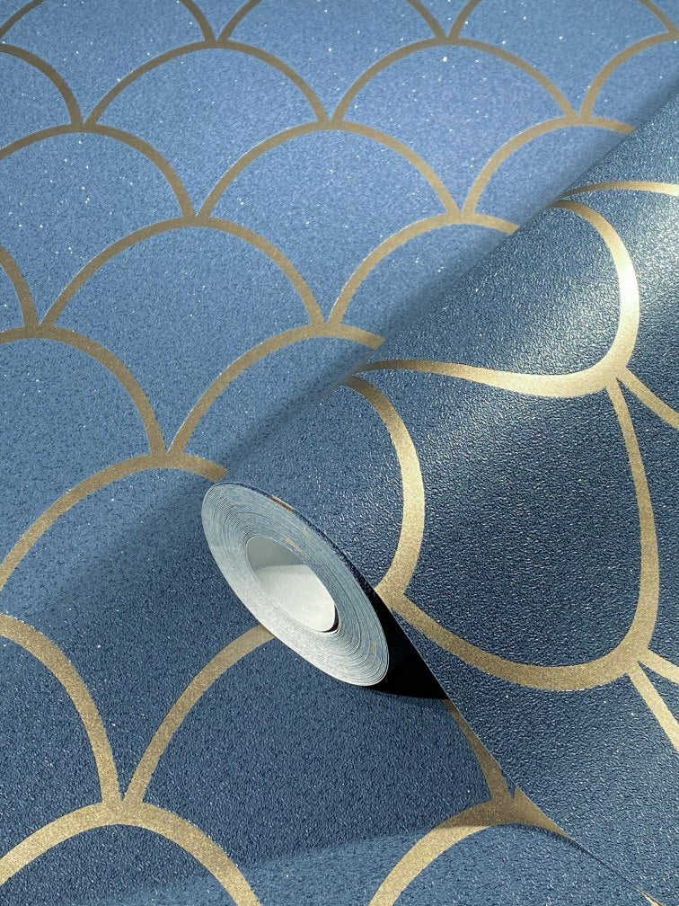  Tapete Vlies Geometrie Bögen Glitzer Blau Gold 32723