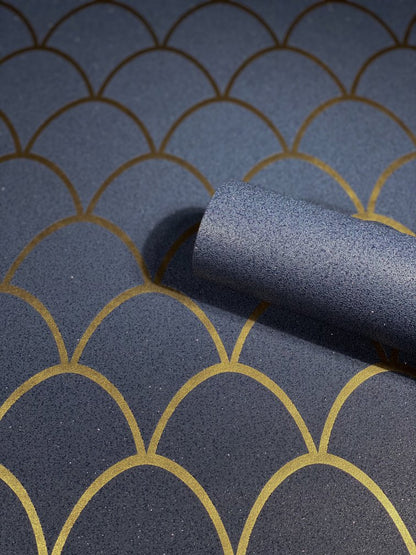  Tapete Vlies Geometrie Bögen Glitzer Blau Gold 32723