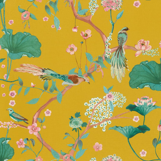  Tapete Vlies Rasch Blätter Vögel Gelb Grün 539448