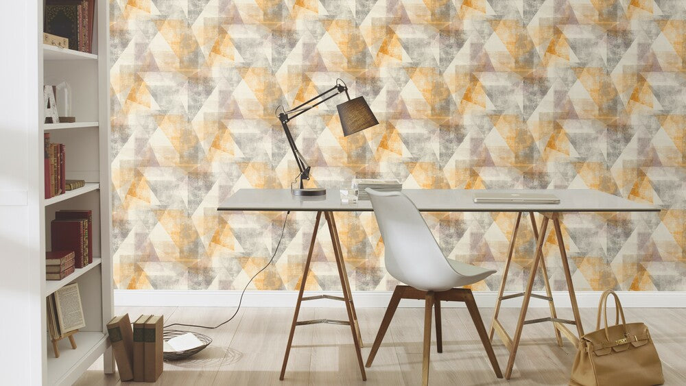  Tapete Vlies Rasch Patchwork Dreiecke Gelb Grau 617948
