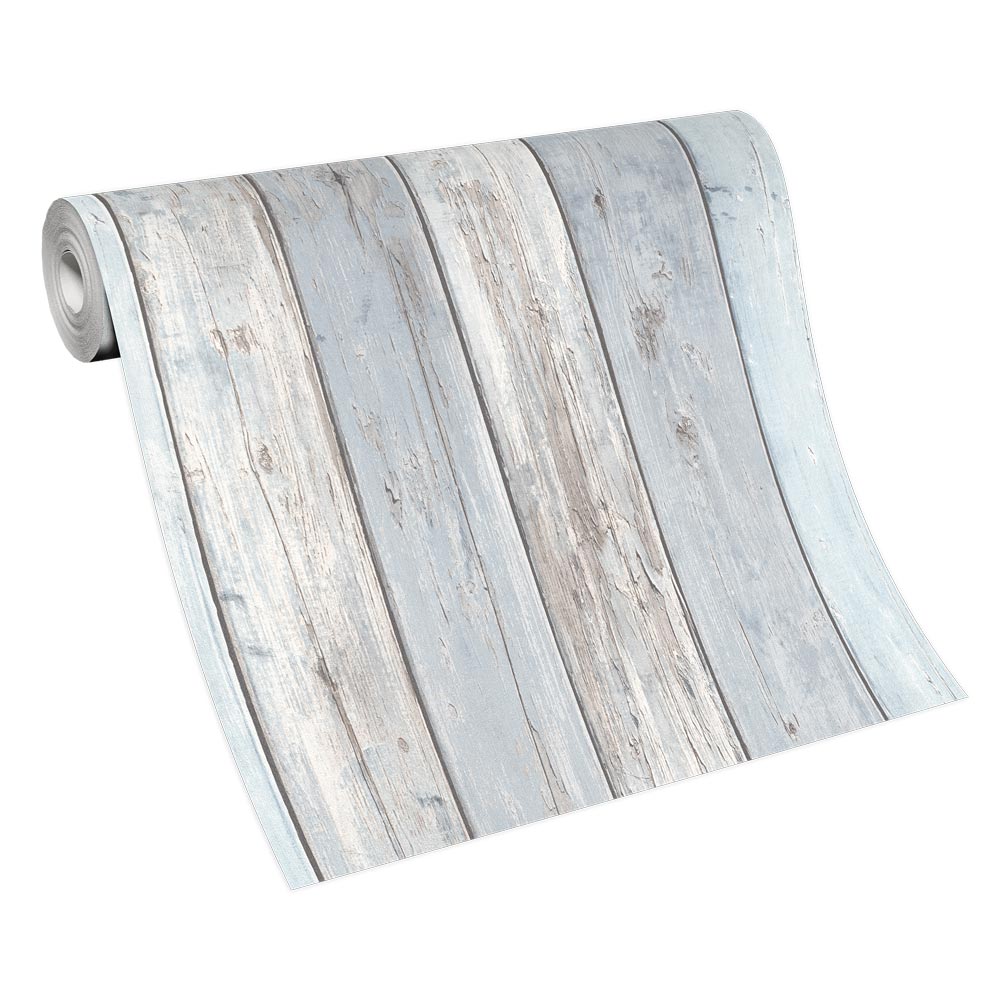  Tapete Vlies Vintage Holz-Optik Hellblau Grau 10200-10