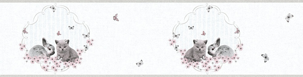 A.S. Creation Tapeten Borte Kinder Hasen Katze Grau Rosa Metallic 35567-2