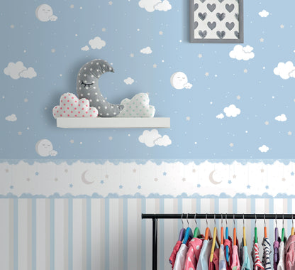  Kindertapete Papier Mond Voll Blau Weiß 102211
