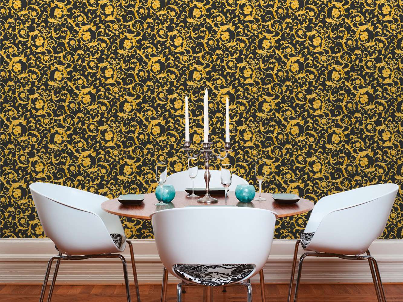  Versace Home Tapete Floral Schwarz Gelb-gold Glitzer 34326-2