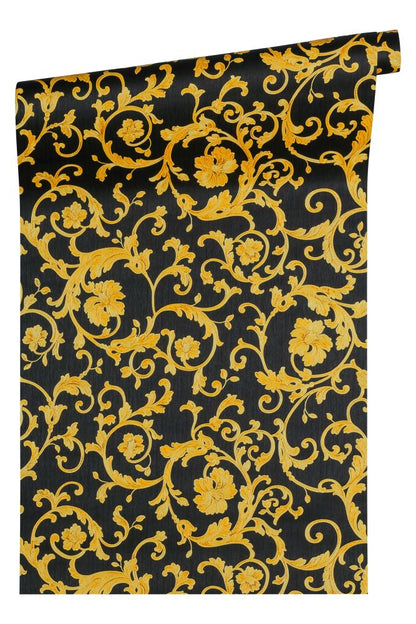  Versace Home Tapete Floral Schwarz Gelb-gold Glitzer 34326-2