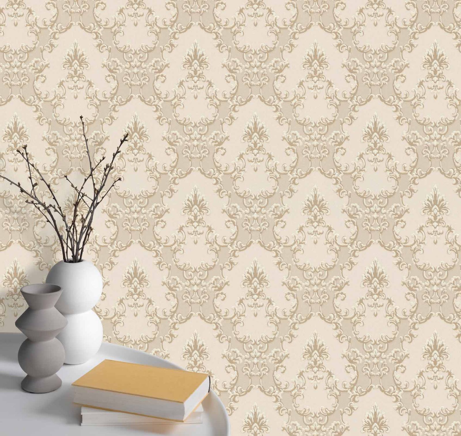  Vinyltapete Barock Textil Beige Creme Glanz 6376-14